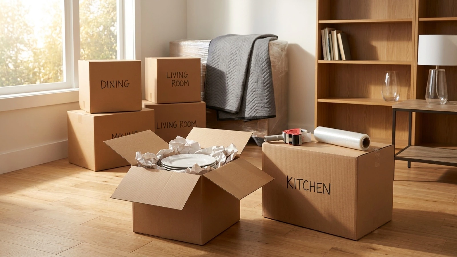 Organized labeled moving boxes and packing supplies inside a Houston home