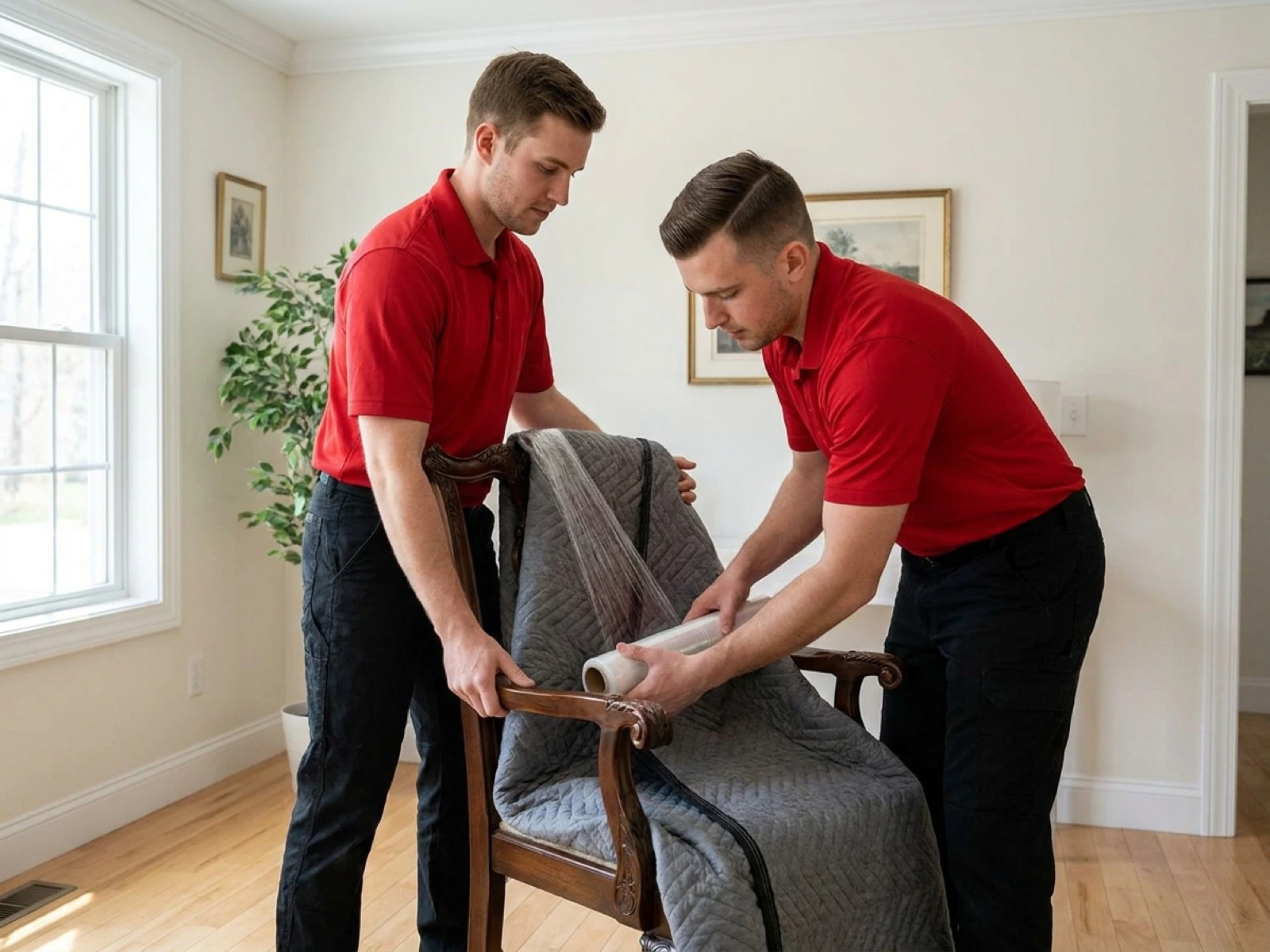 Pack-It Movers crew carefully wrapping a customer's furniture in a Houston home