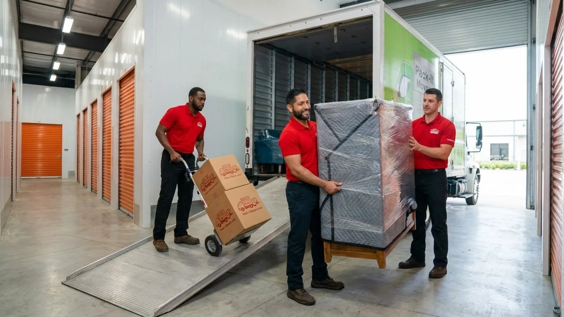 Pack-It Movers crew moving inventory into climate controlled Houston storage